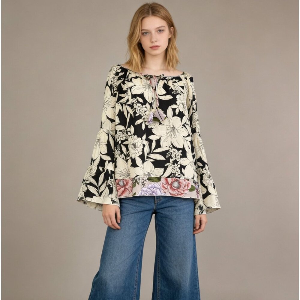 NWOT JOHNNY WAS ade EVA TIERED Silk SLEEVE BLOUSE Floral Bohemia SHIRT Sz S